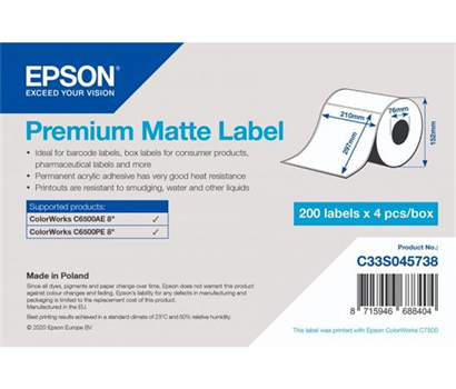 EPSON Premium Matte Label - Die Cut Roll: 210mm x 297mm, 200 labels